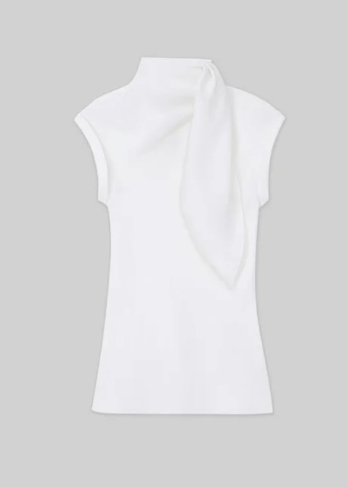 white tie-neck blouse